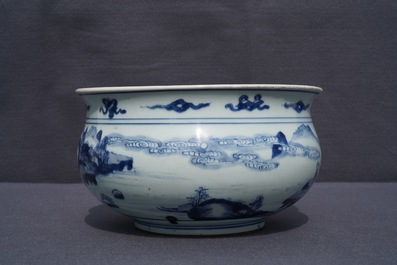 A Chinese blue and white censer with figures in a landscape, Kangxi